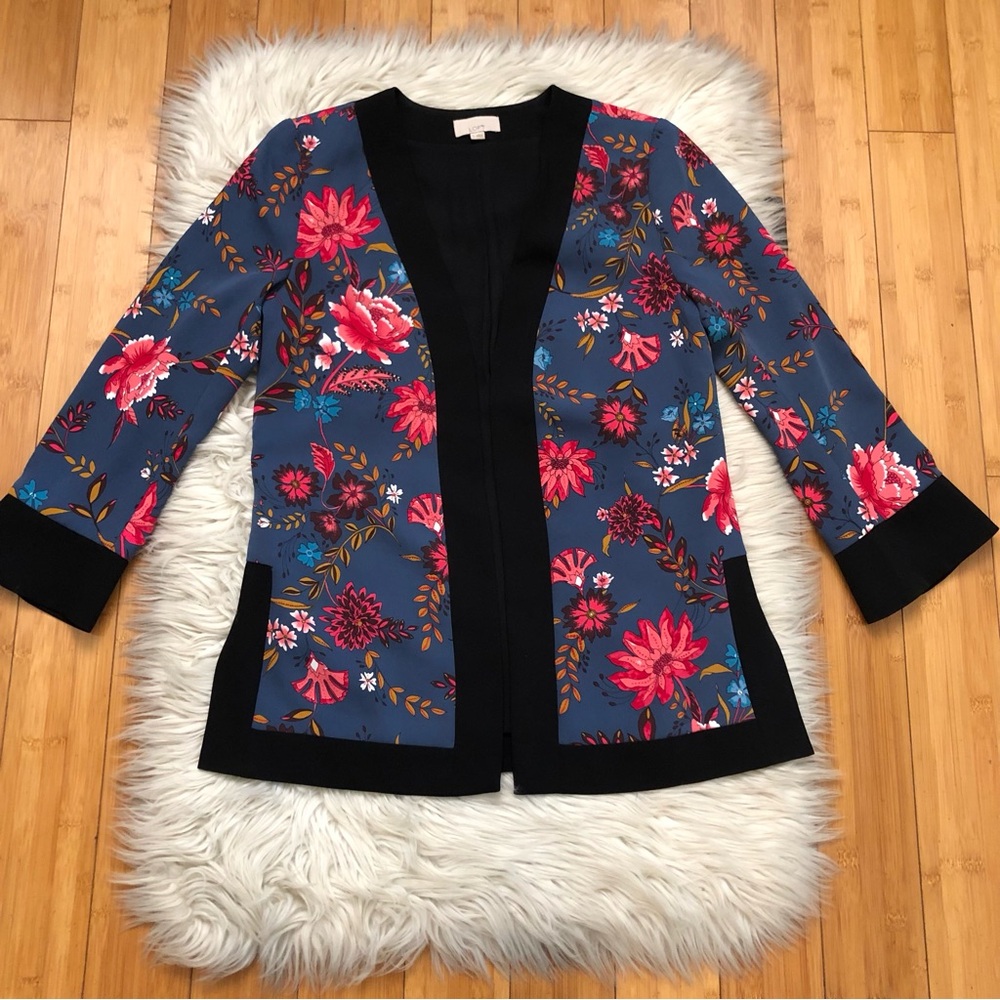 Loft Oriental Floral Open Front Contrast Hem Red Blue Kimono Duster Jacket S